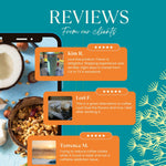 Promotional reviews graphic with cup photo and customer message cards on orange panels