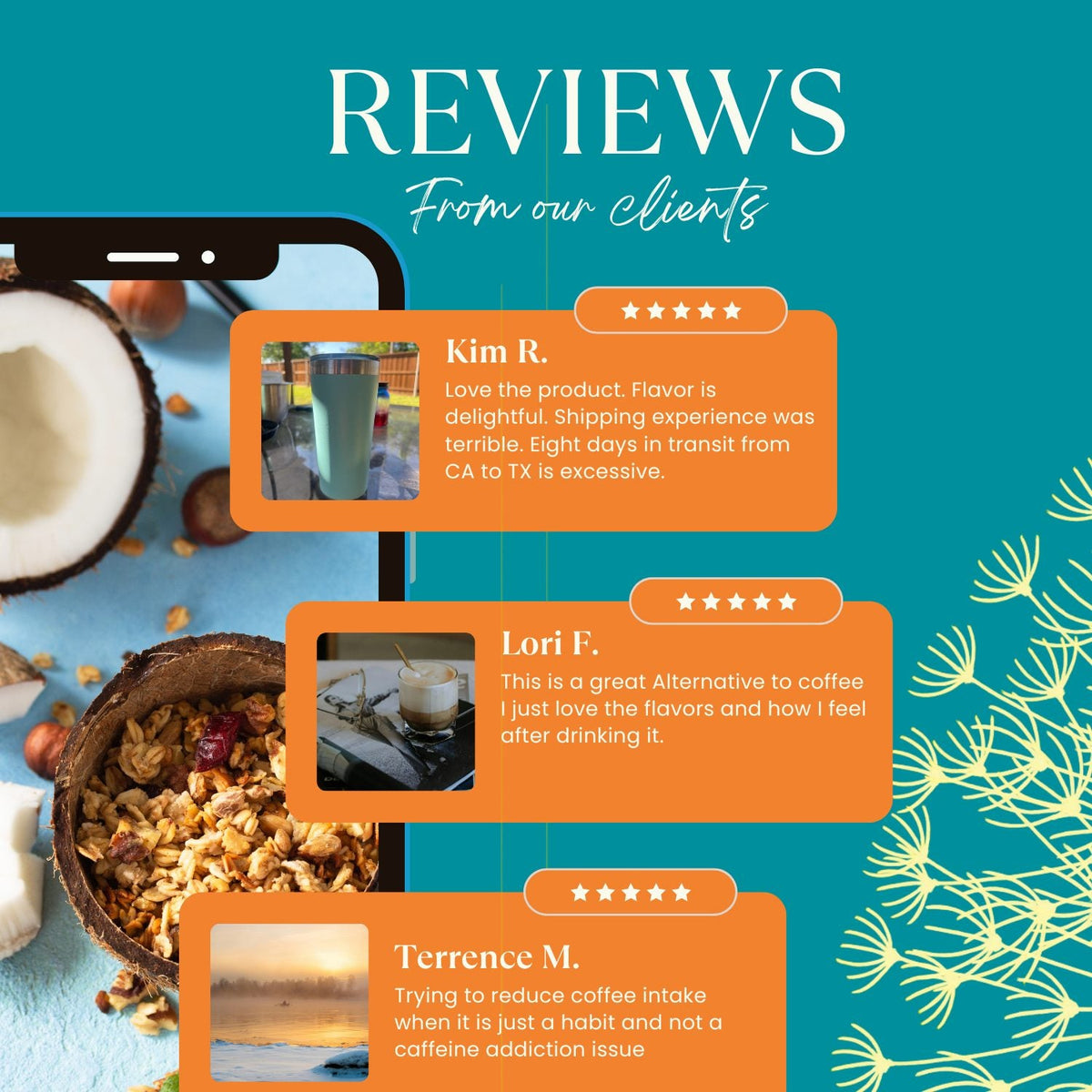 Promotional reviews graphic with cup photo and customer message cards on orange panels