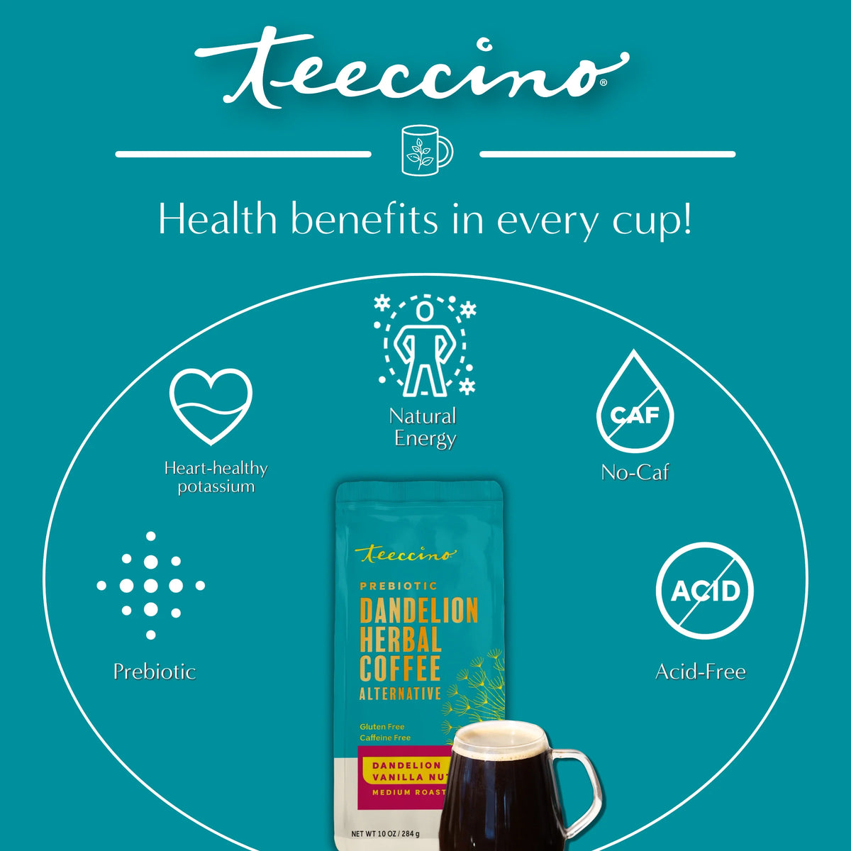 Dandelion herbal coffee alternative bag with health benefit icons, vanilla nut