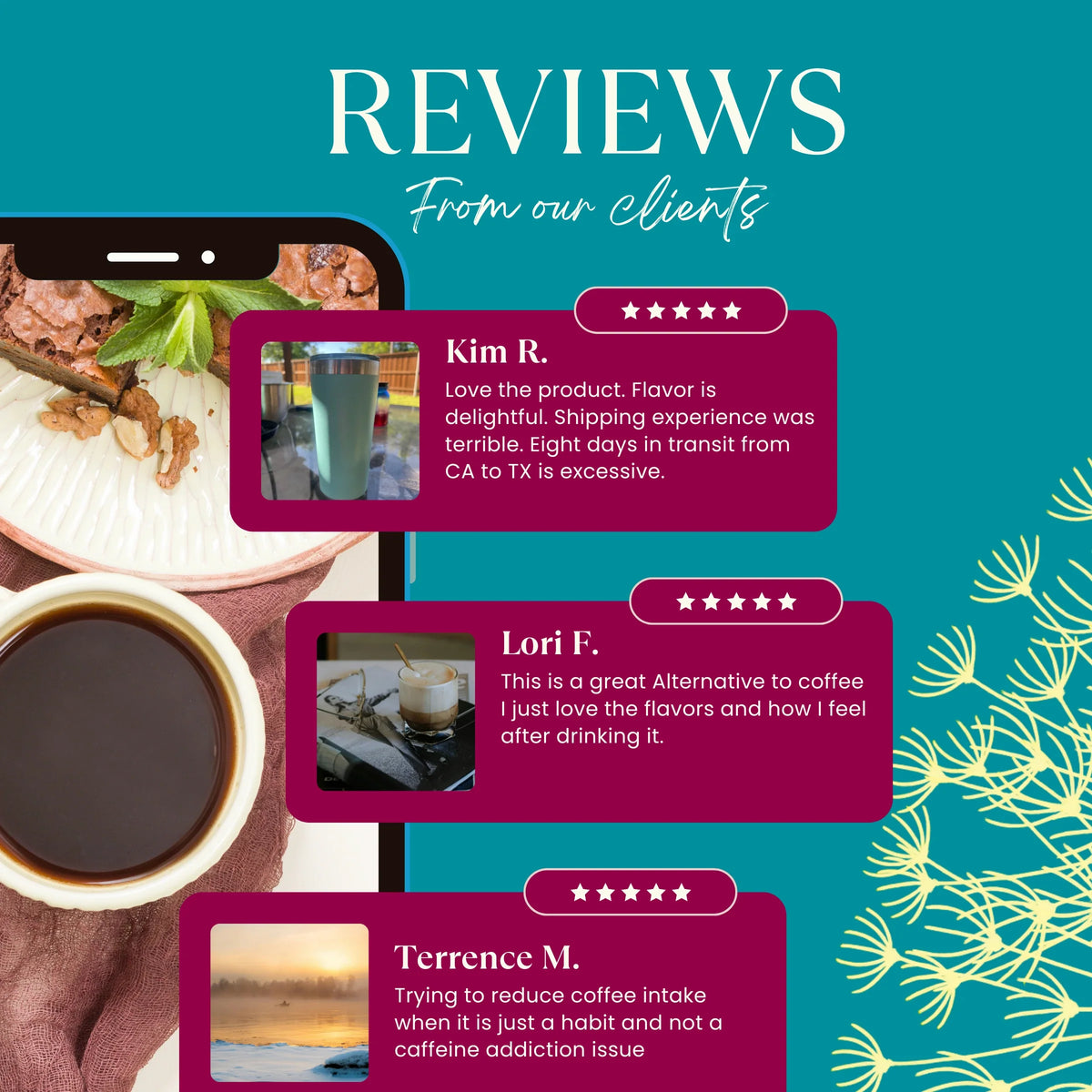 Promotional reviews graphic with coffee cup photos and three customer message cards