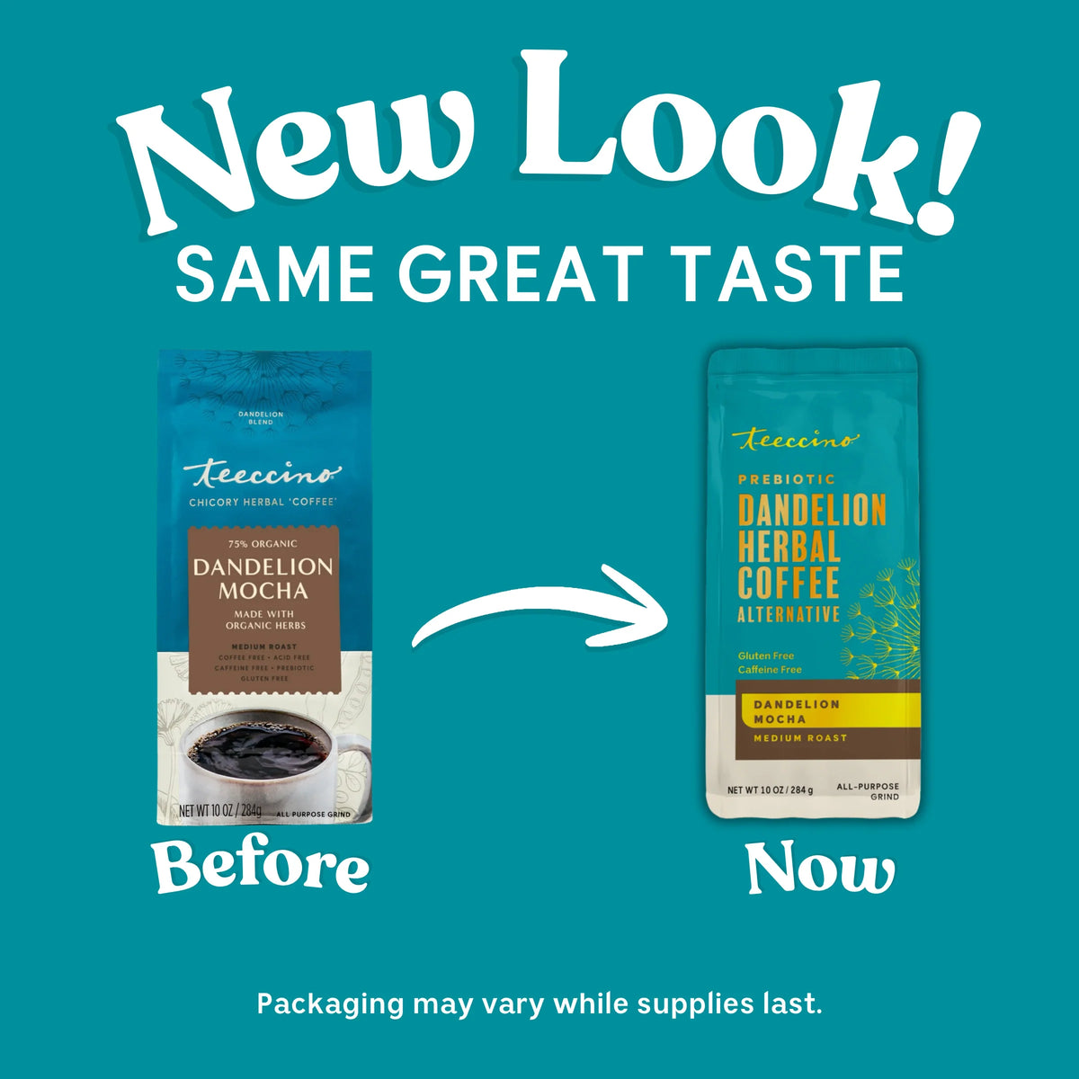 New packaging design for dandelion herbal coffee shown with two pouches