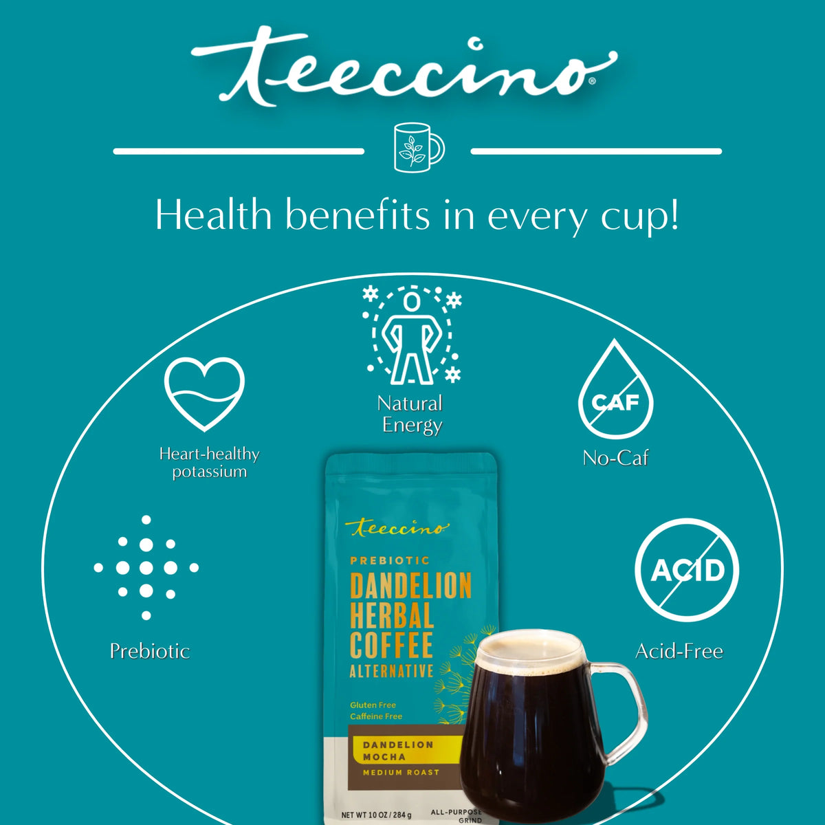 Dandelion herbal coffee pouch with cup and wellness icons