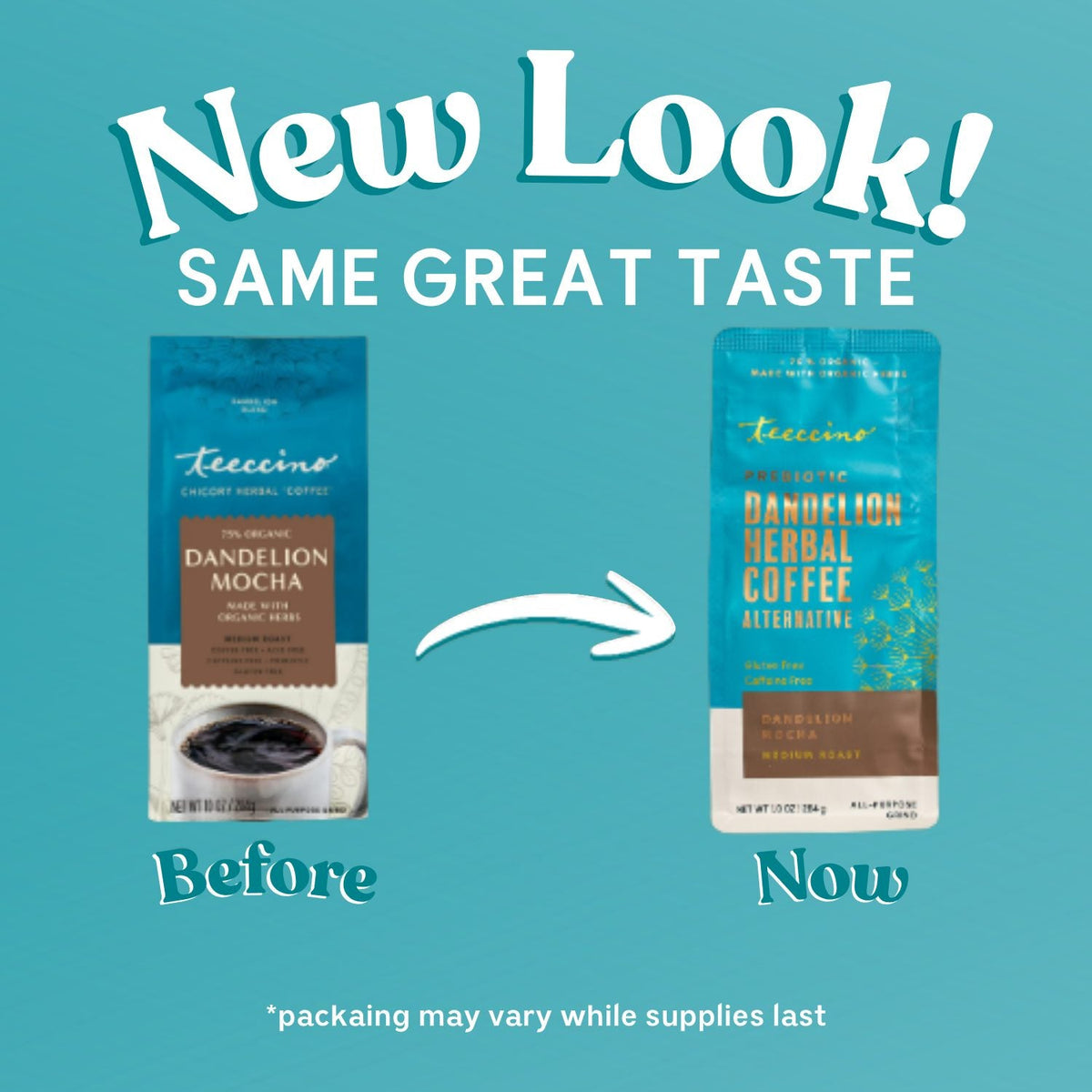 Teecino Dandelion Mocha herbal coffee pouches, before and now packaging