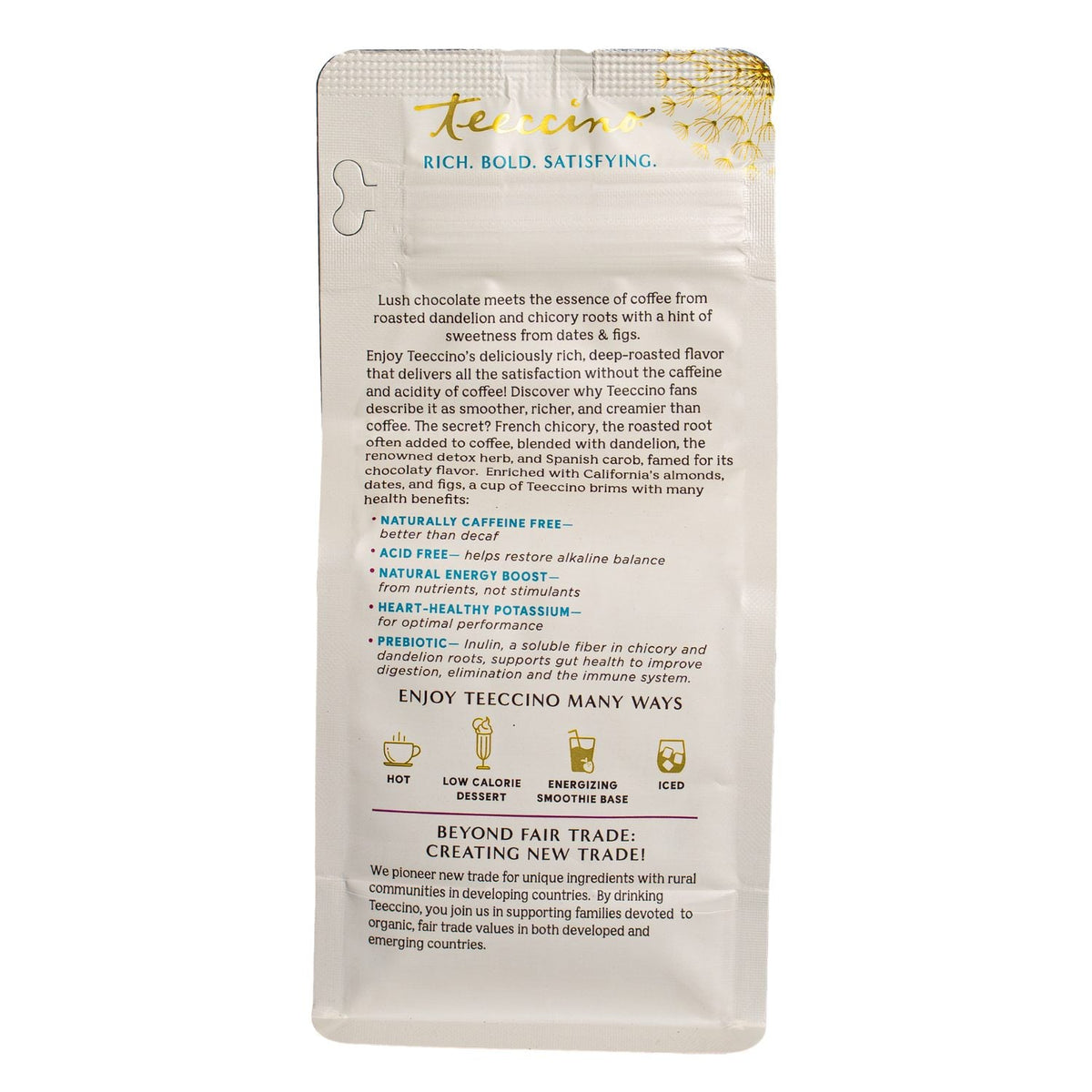 Teecino Dandelion Mocha herbal coffee back pouch with product and serving details