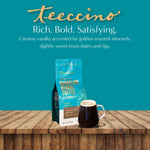 Teecino Dandelion Mocha herbal coffee pouch beside a mug of dark coffee