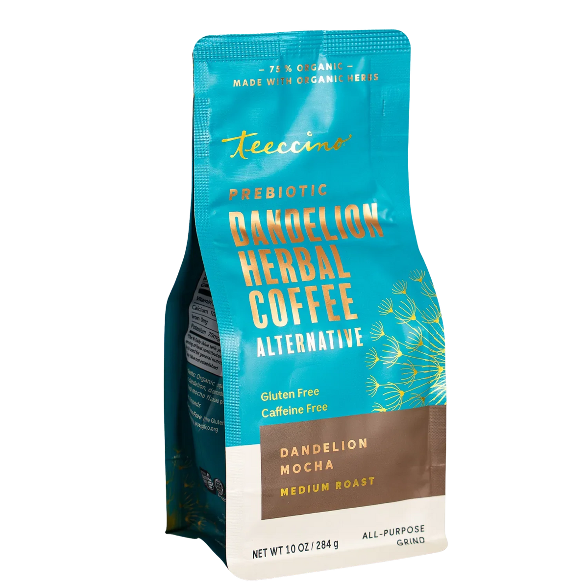 Teecino Dandelion Mocha herbal coffee pouch; caffeine-free, gluten-free, medium roast