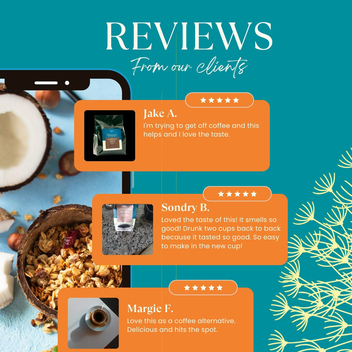 Teecino Dandelion Mocha herbal coffee pouch with reviews and star ratings