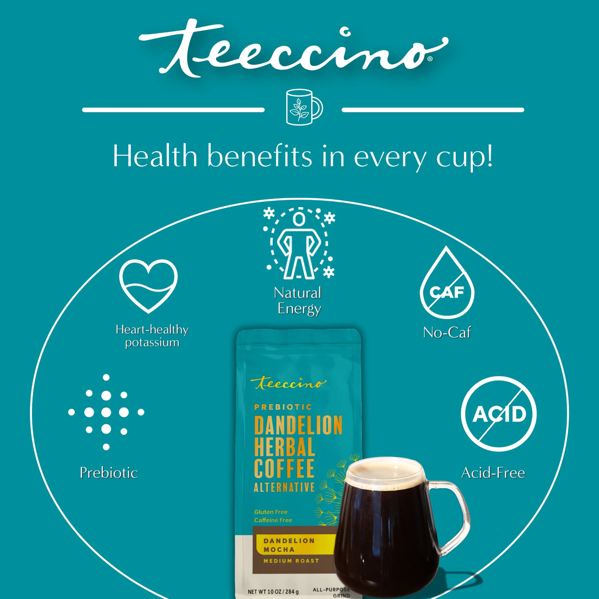 Dandelion herbal coffee pouch with cup and wellness benefit labels