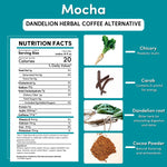 Dandelion herbal coffee alternative nutrition facts and ingredient panel cards