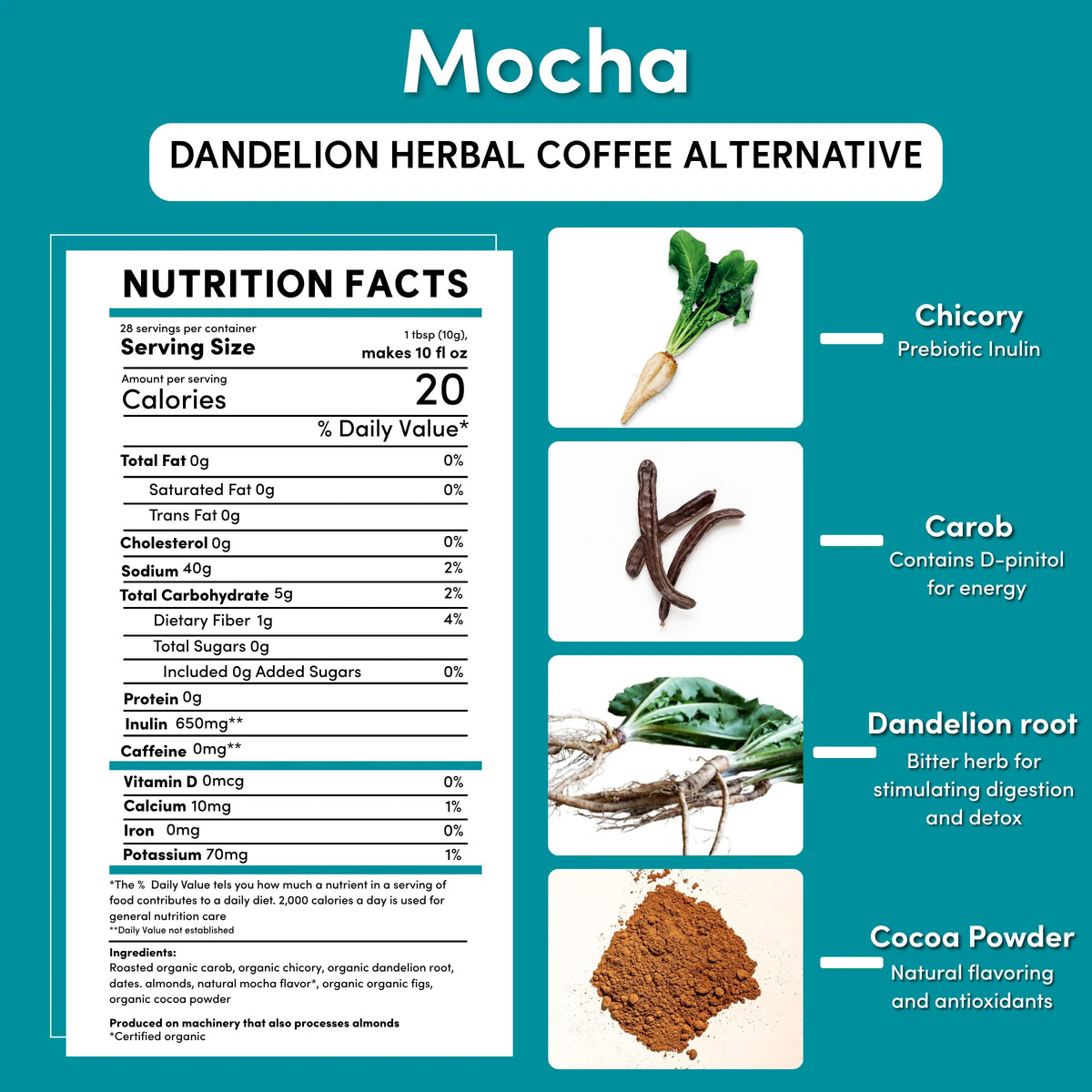 Dandelion herbal coffee alternative nutrition facts and ingredient panel cards