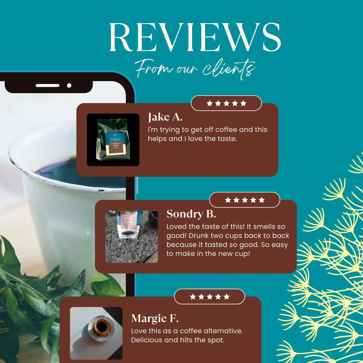 Teecino Dandelion Mocha herbal coffee pouch with customer review callouts