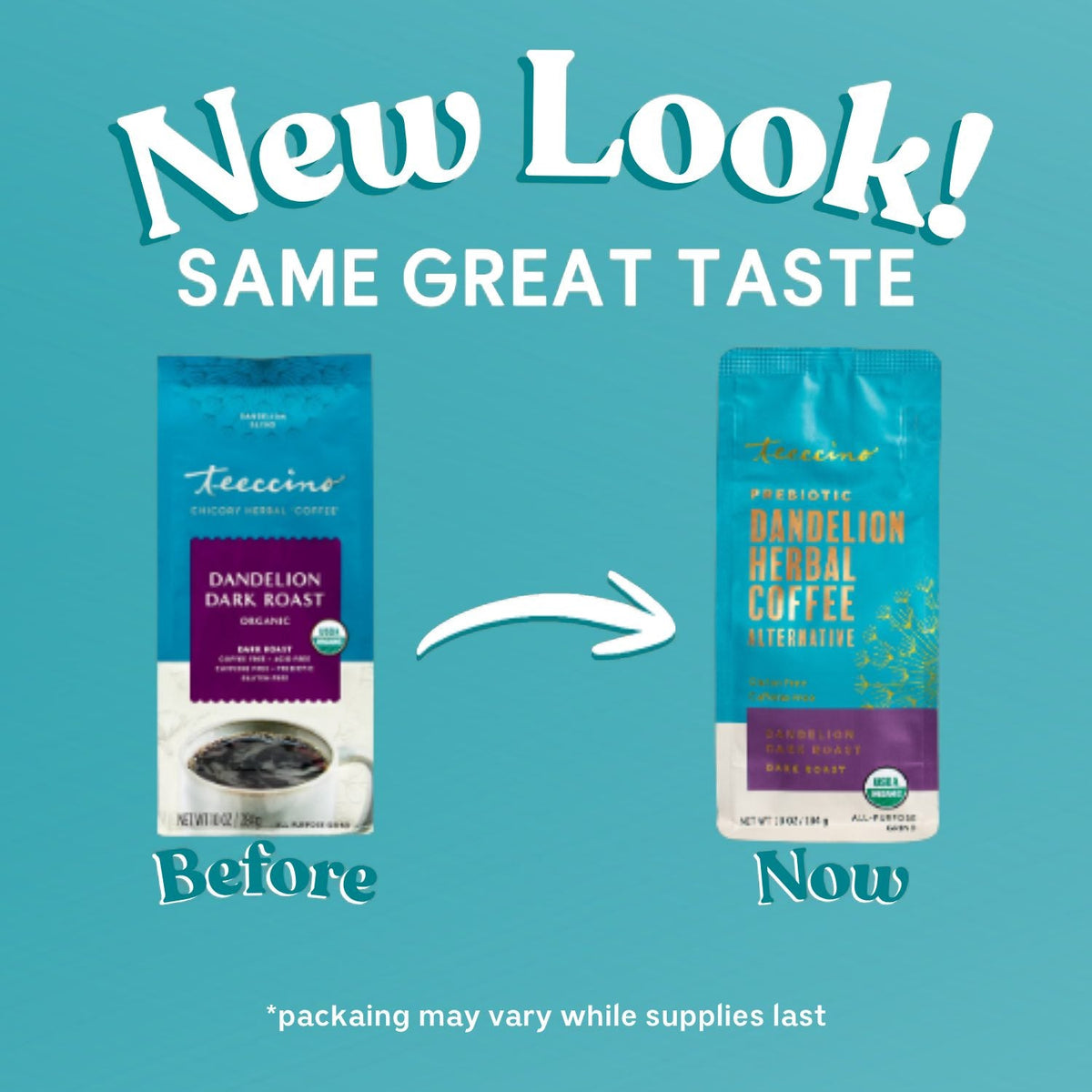 Teecino dandelion dark roast herbal coffee packaging shown in before-and-now comparison