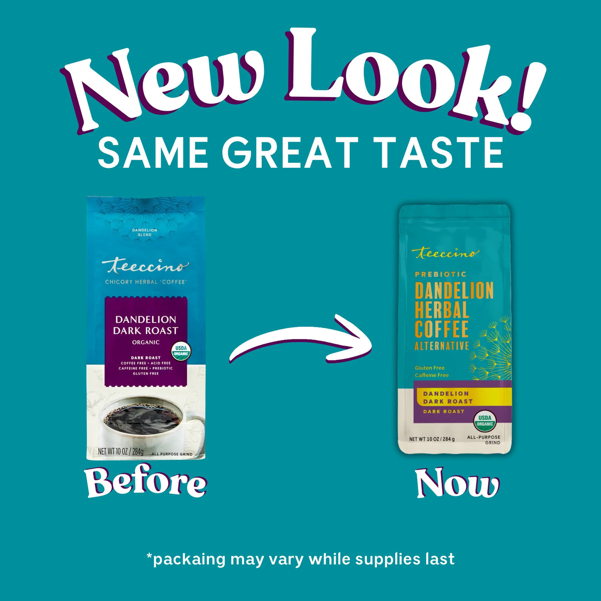 Teecino herbal coffee pouch shown before/now package design