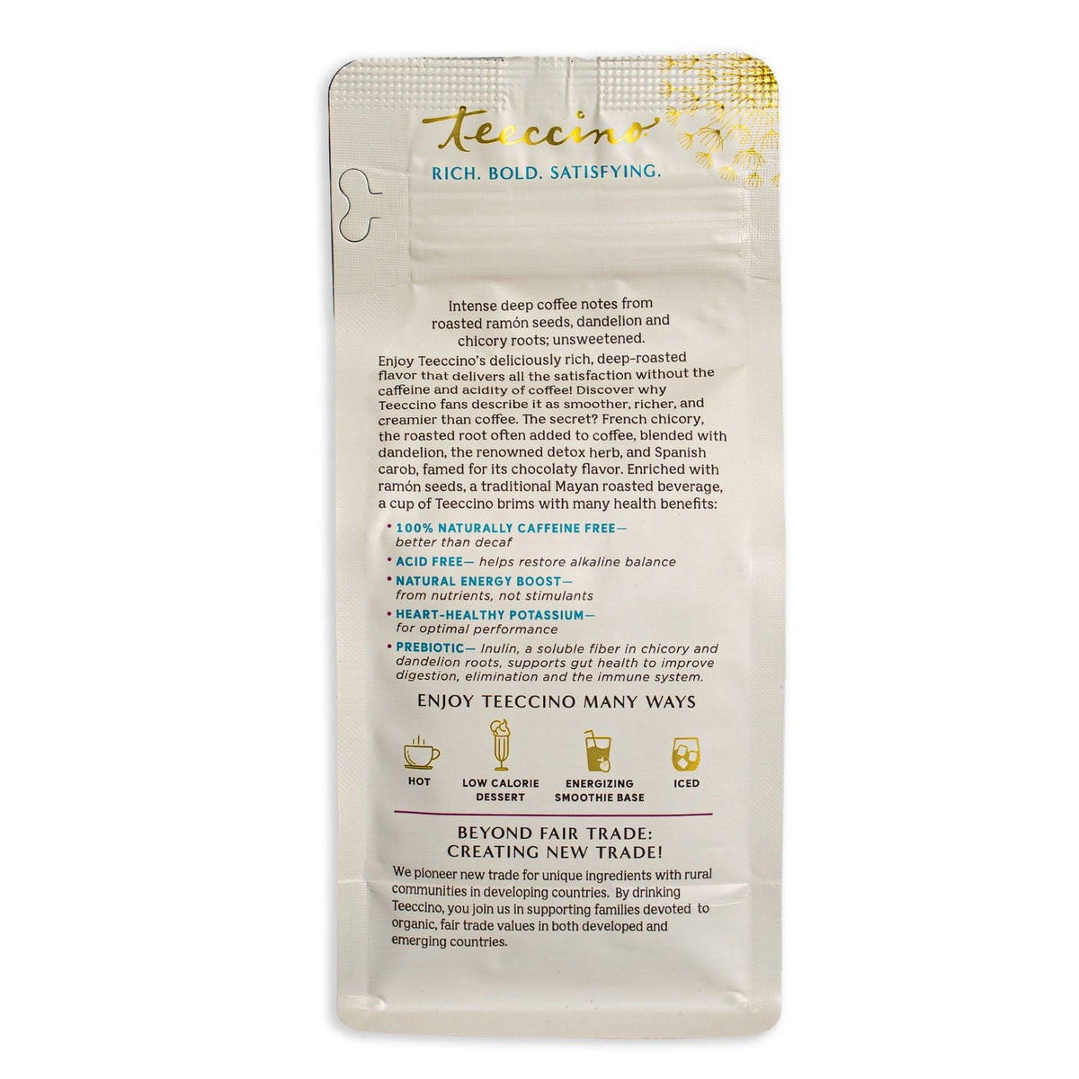 Back of Teecino dandelion herbal coffee package with product and usage text