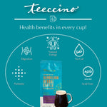 Teecino benefits infographic with pouch and mug, prebiotic and no-caf badges