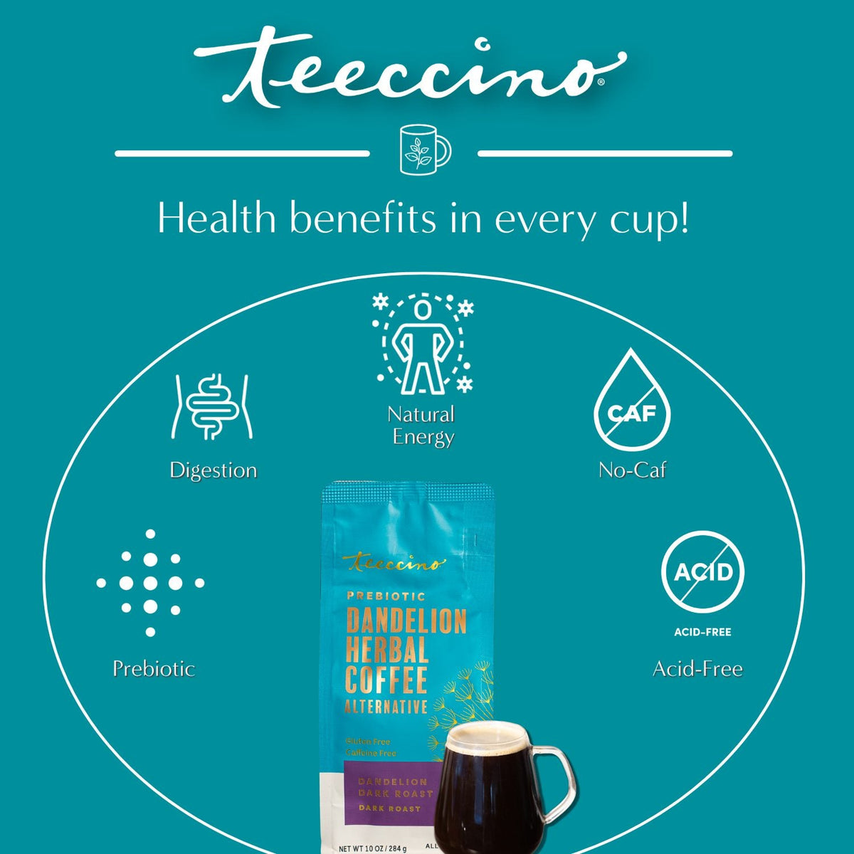 Teecino benefits infographic with pouch and mug, prebiotic and no-caf badges