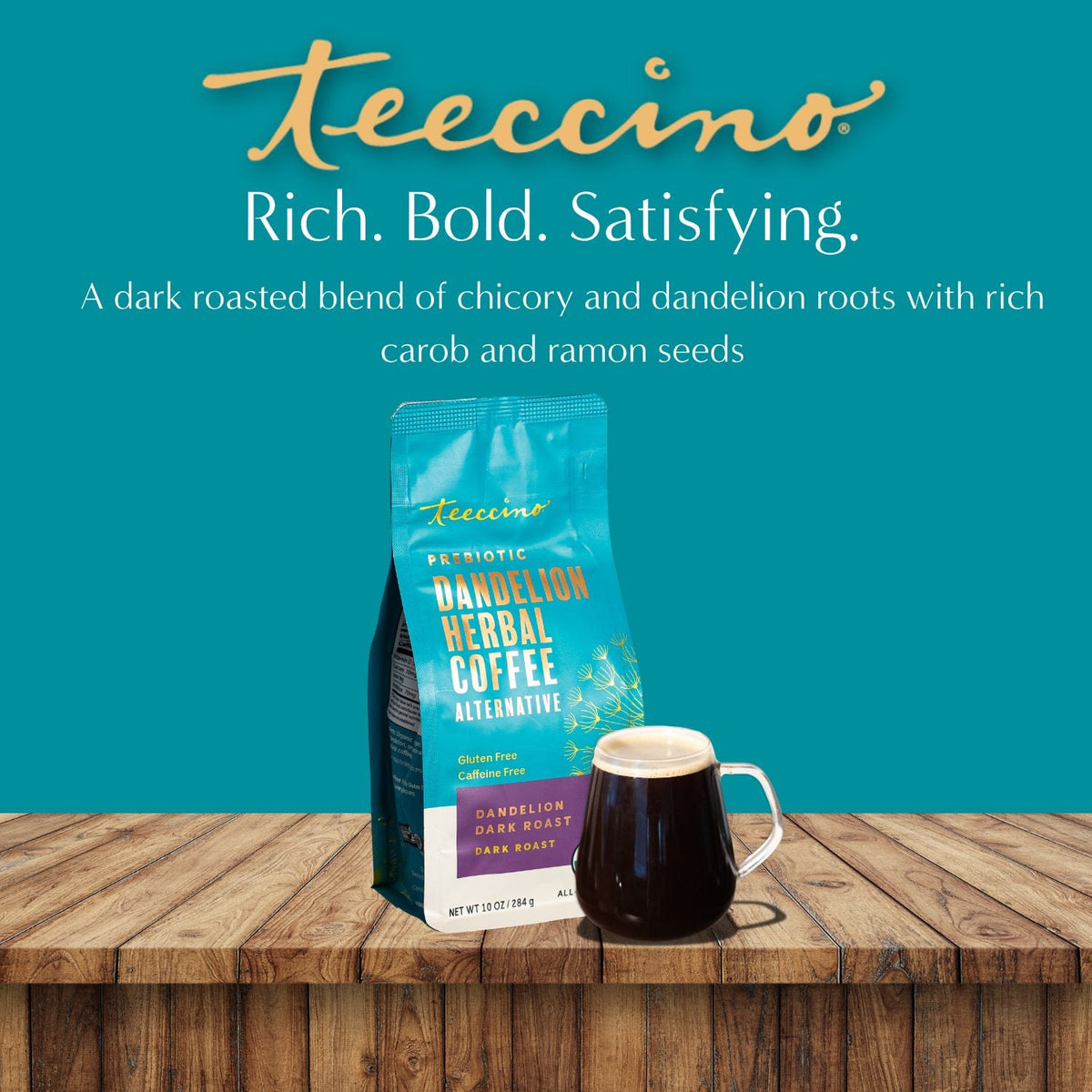 Teecino dandelion herbal coffee pouch with mug on wood surface