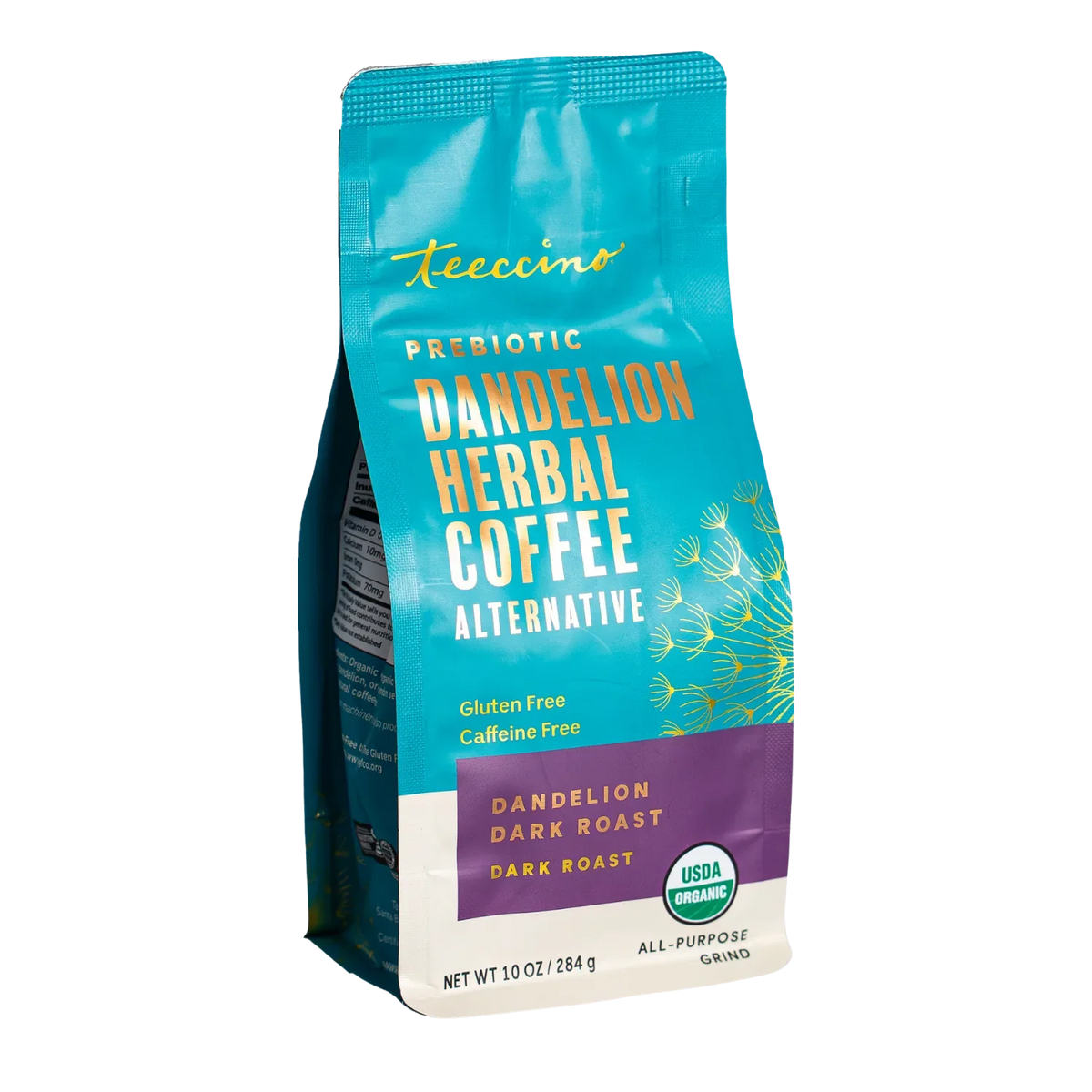 Turquoise Teecino organic dandelion herbal coffee dark roast pouch, caffeine-free