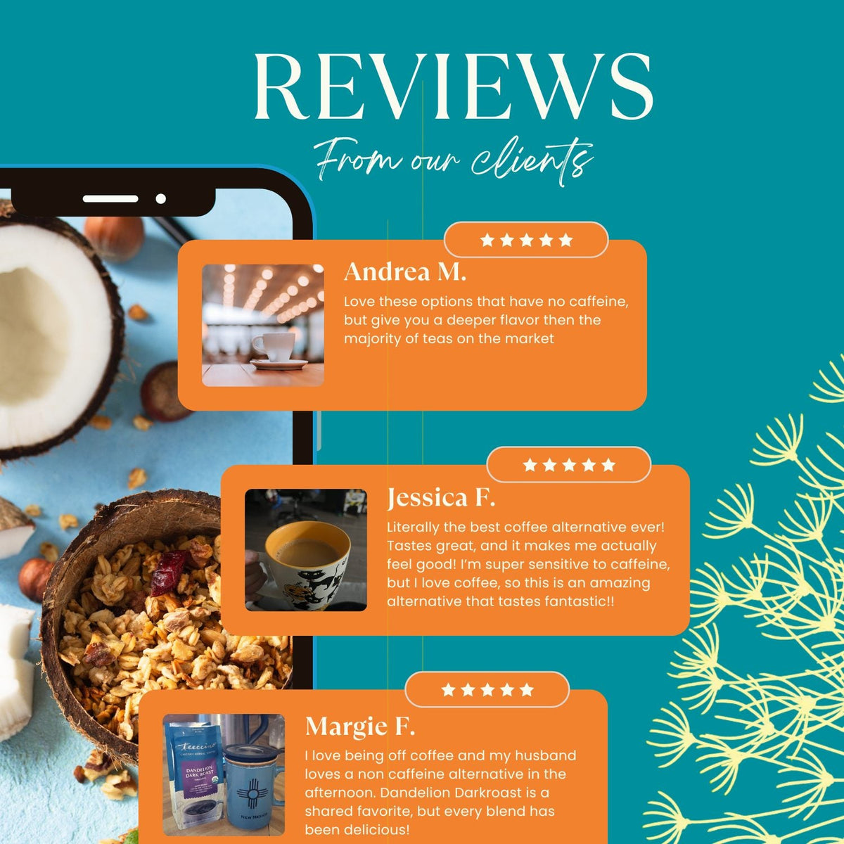 Coffee cup with orange star rating review overlay for dandelion herbal coffee