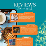 Coffee cup with orange star rating review overlay for dandelion herbal coffee