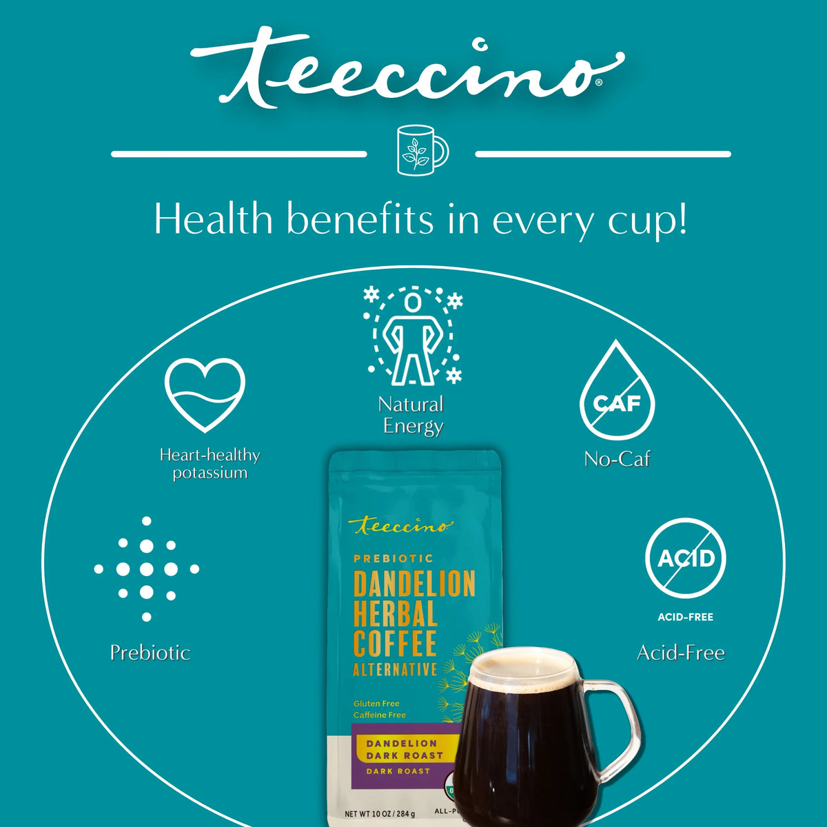 Teecino dandelion herbal coffee alternative packaging with health benefits icons