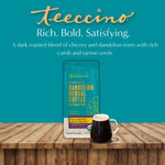 Teecino dandelion herbal coffee alternative pouch with dark brewed cup