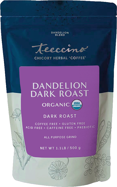 Stand-up dandelion dark roast blend bag, USDA organic, caffeine-free, acid-free