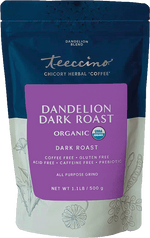 Stand-up dandelion dark roast blend bag, USDA organic, caffeine-free, acid-free