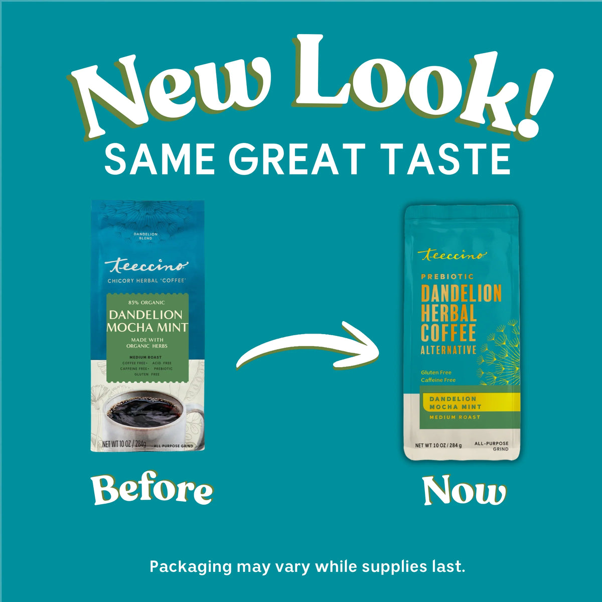 Teecino herbal coffee alternative packaging, showing Before (left) and Now (right) pouches
