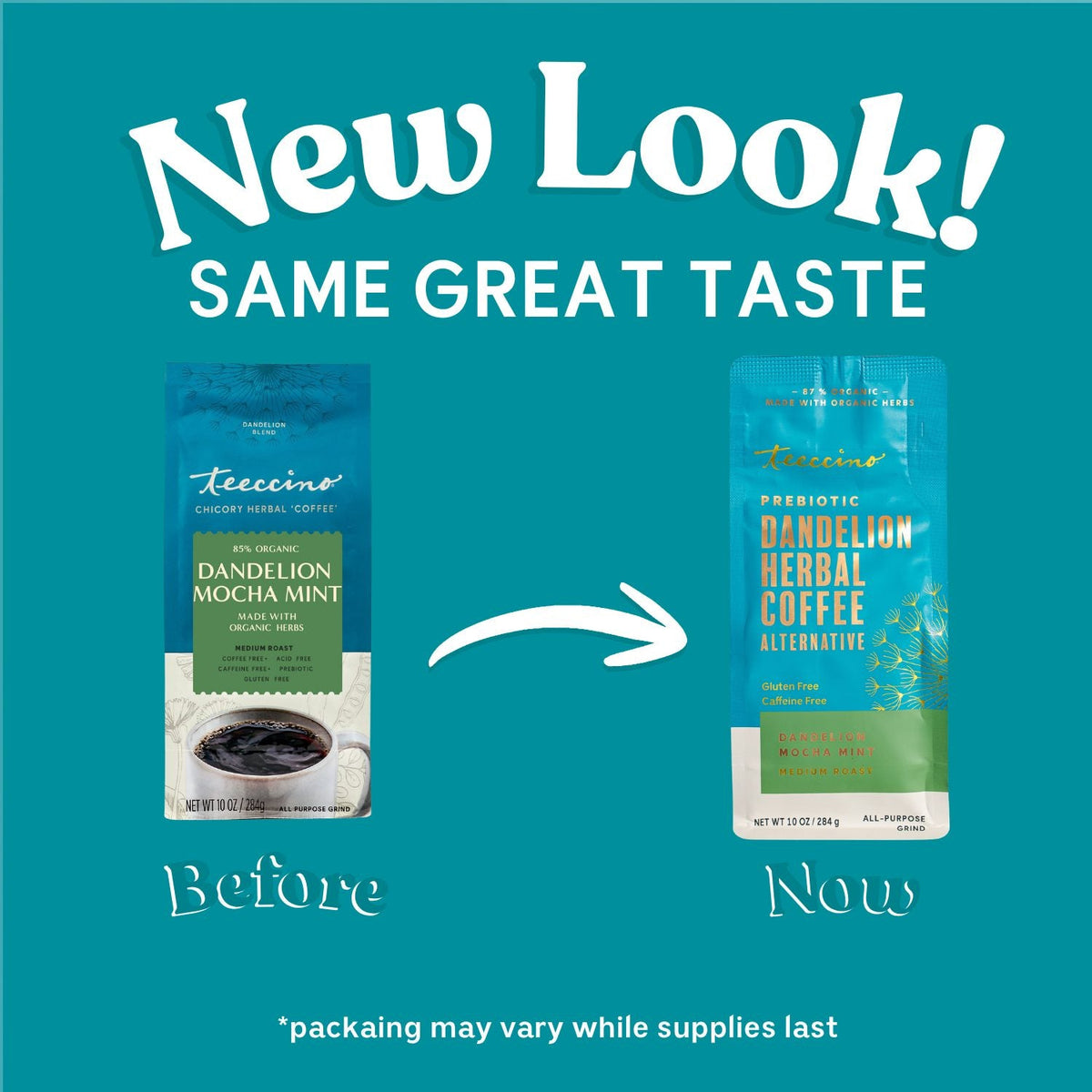 Teecino Dandelion Herbal Coffee alternative packaging shown with 'New Look' graphic