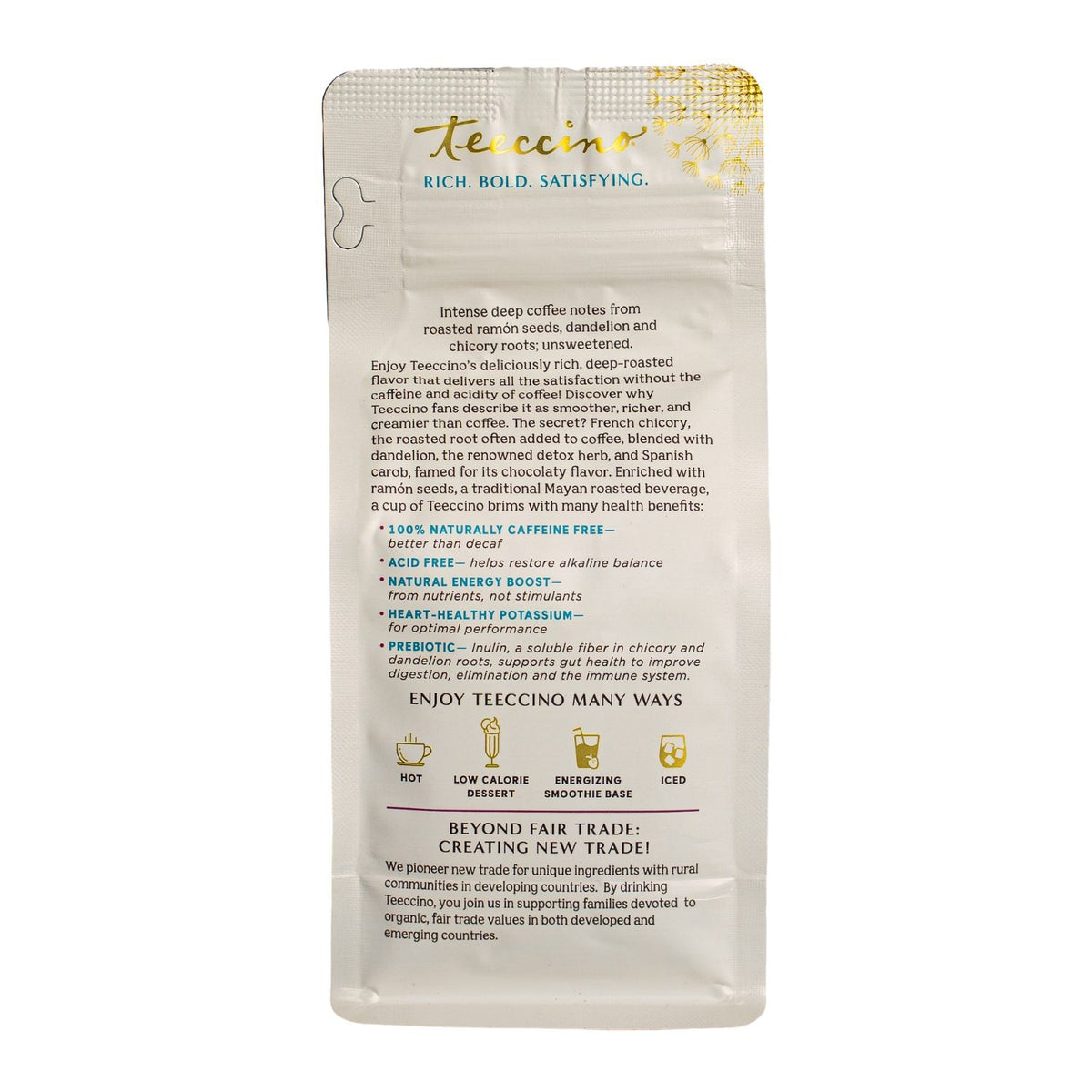 Teecino Dandelion Herbal Coffee alternative bag back panel, product details