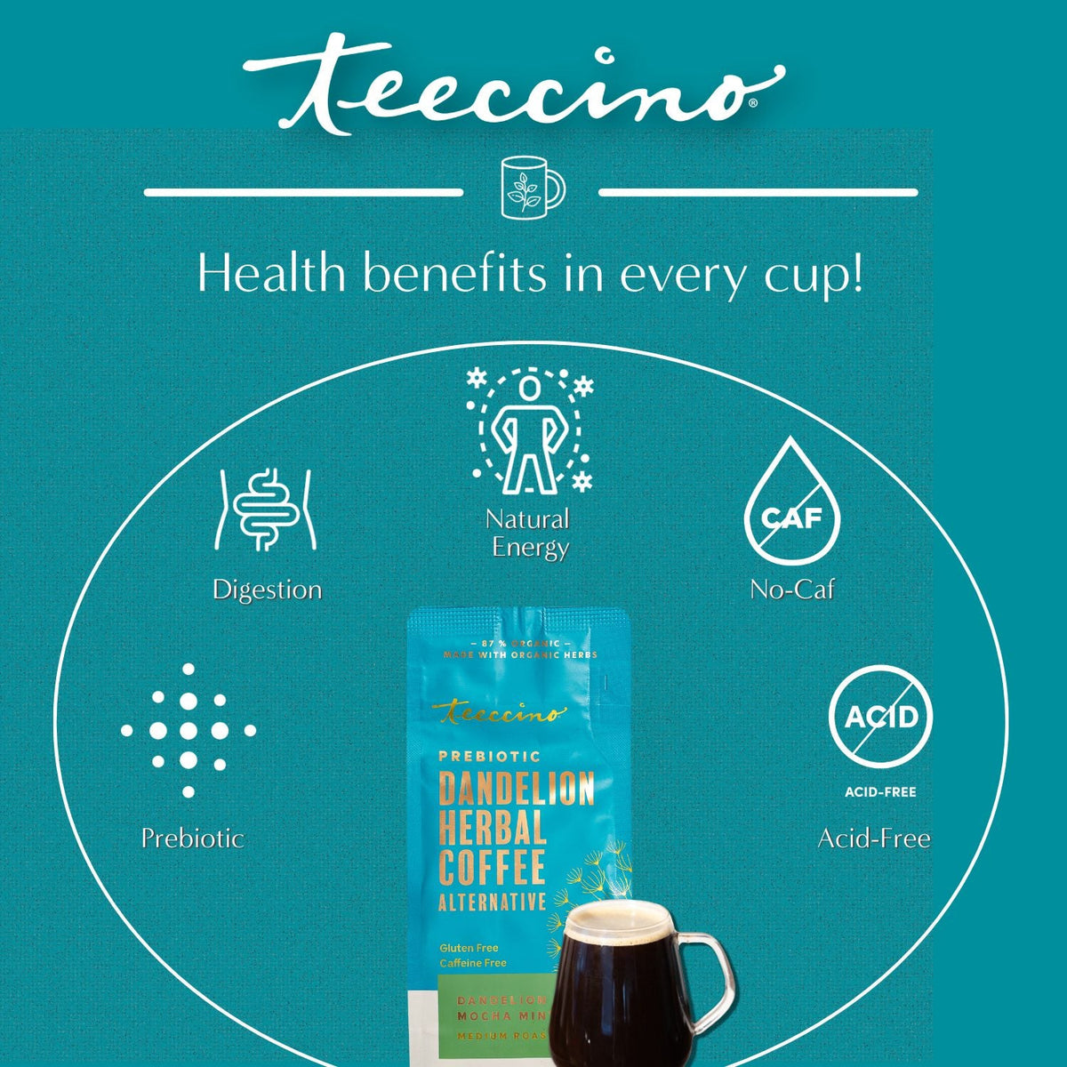 Teecino Dandelion Herbal Coffee alternative bag shown with health benefits graphic