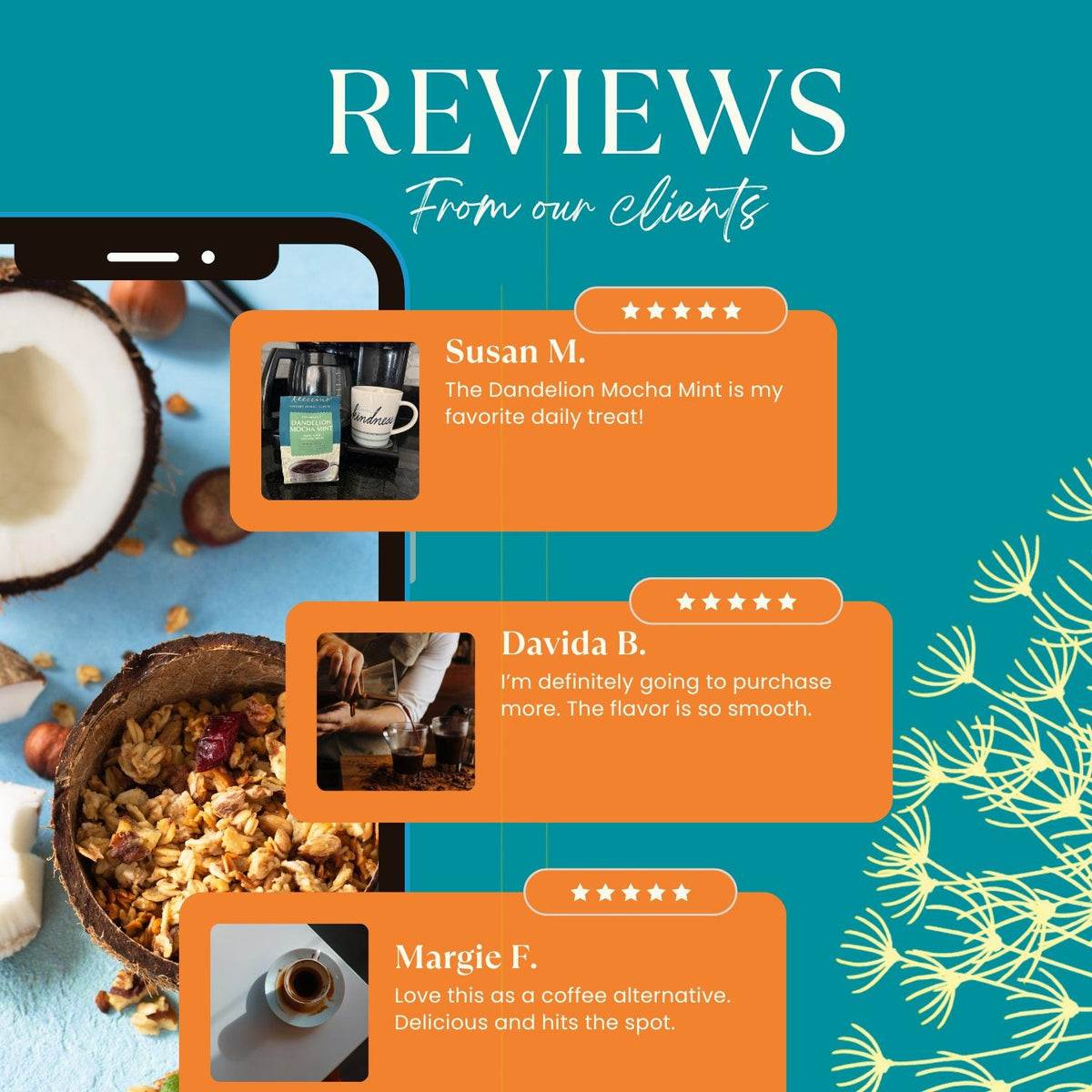 Teecino Dandelion Herbal Coffee alternative bag shown in orange customer reviews graphic
