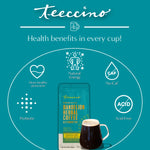 Teecino Dandelion Herbal Coffee alternative pouch with health benefits infographic icons