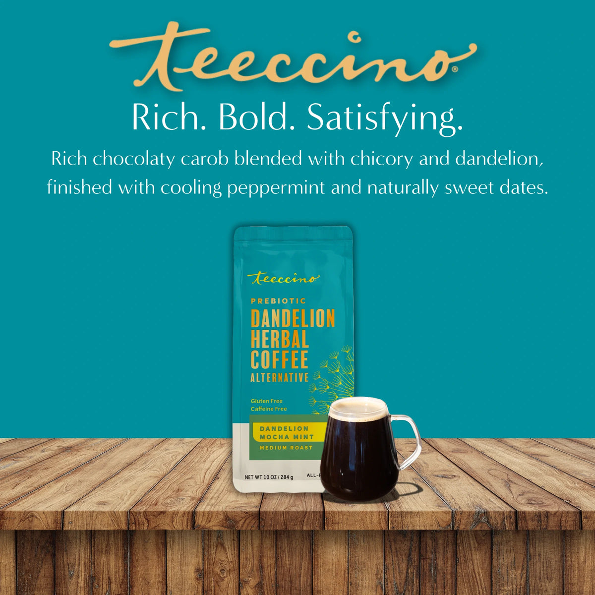 Teecino Dandelion Herbal Coffee alternative pouch with mug of dark roasted drink
