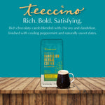 Teecino Dandelion Herbal Coffee alternative pouch with mug of dark roasted drink