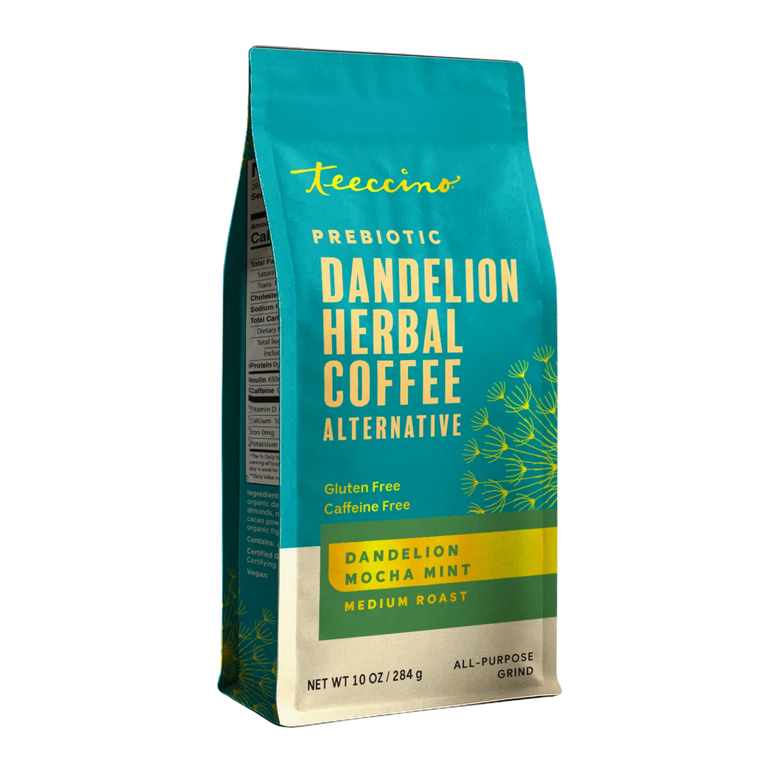 Teecino Dandelion Herbal Coffee alternative bag, mocha mint flavor, medium roast