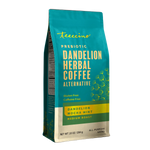 Teecino Dandelion Herbal Coffee alternative pouch, green and yellow text, gluten free