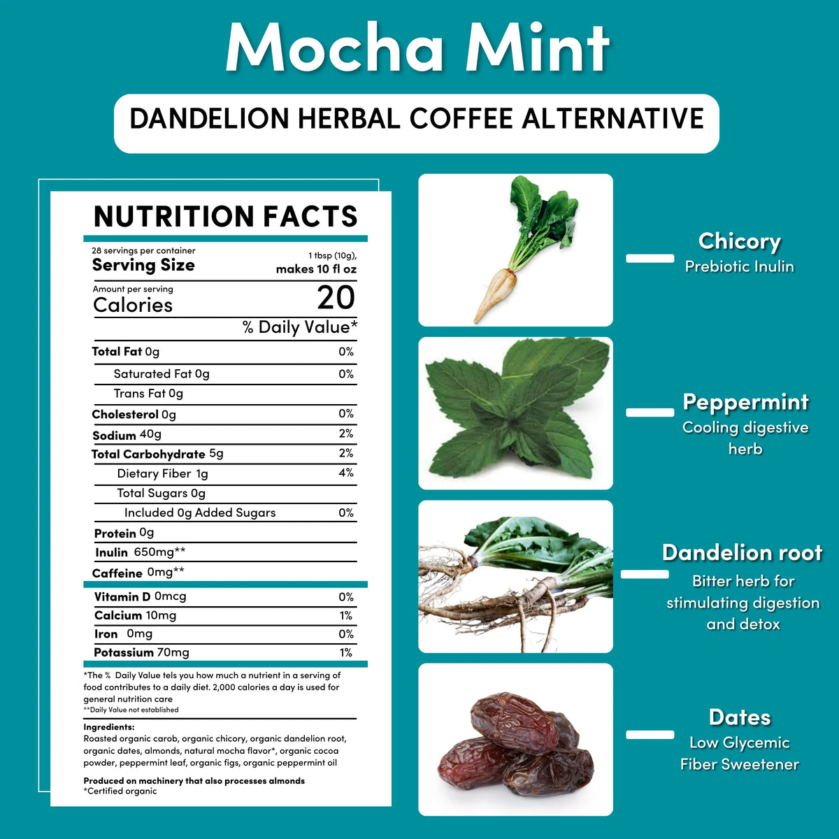 Mocha Mint herbal coffee alternative nutrition facts panel with ingredient callouts