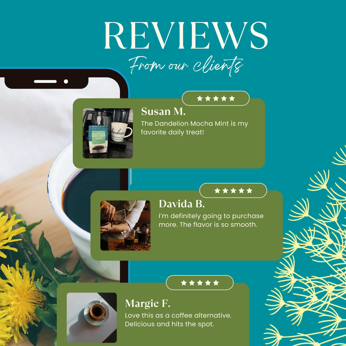 Teecino Dandelion Herbal Coffee alternative bag shown in customer review graphic