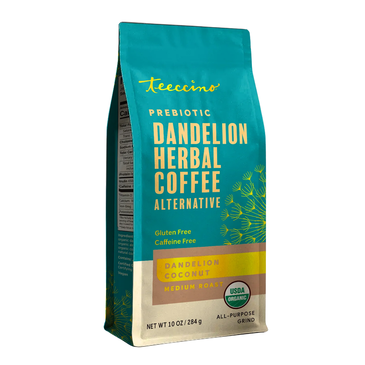 Teecino prebiotic dandelion herbal coffee alternative pouch with coconut roast front