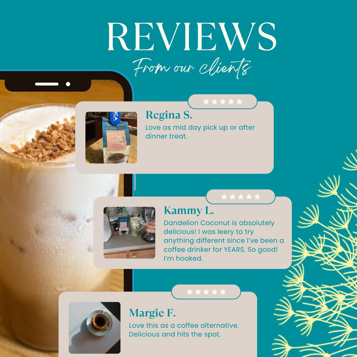 Teecino prebiotic dandelion herbal coffee alternative bag displayed with review bubbles