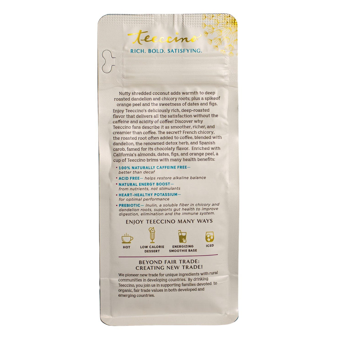 Teecino prebiotic dandelion herbal coffee alternative pouch back with ingredient details