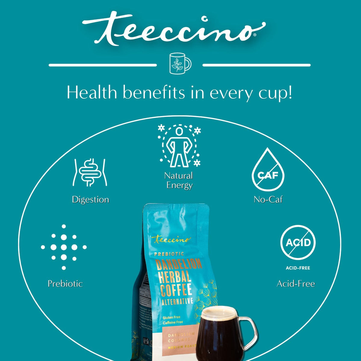 Teecino prebiotic dandelion herbal coffee alternative bag with health benefits icons