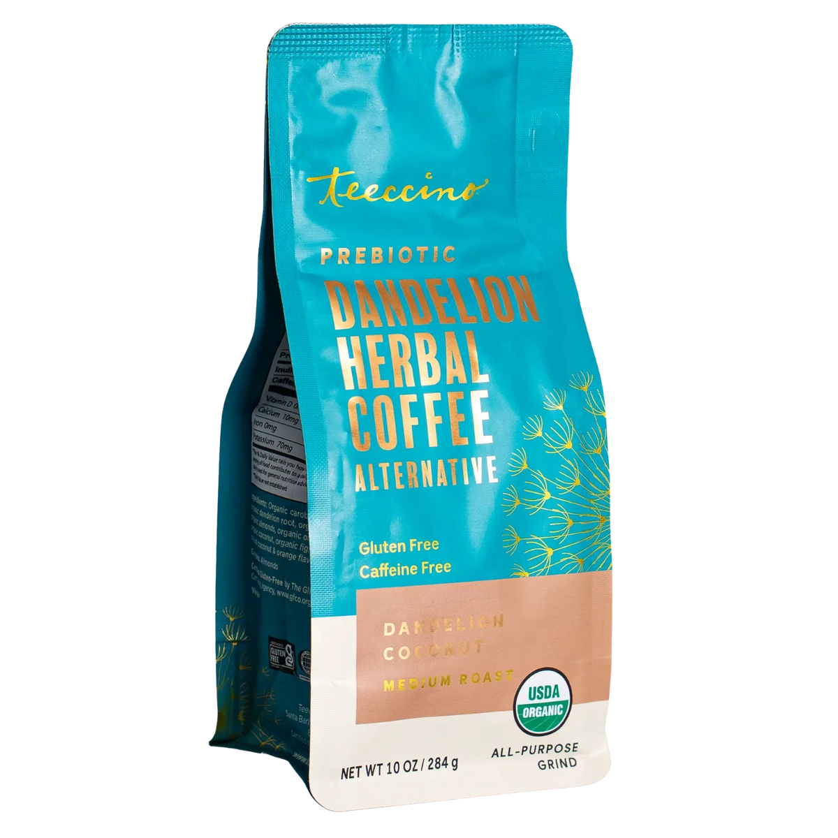 Teecino prebiotic dandelion herbal coffee alternative bag with coconut flavor panel