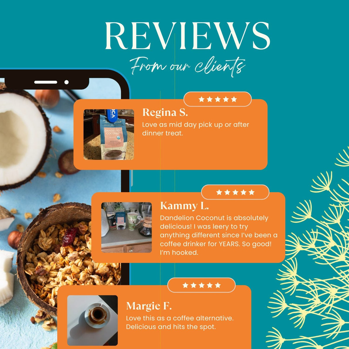 Teecino prebiotic dandelion herbal coffee alternative bag shown with orange review cards