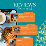 Teecino prebiotic dandelion herbal coffee alternative bag shown with orange review cards