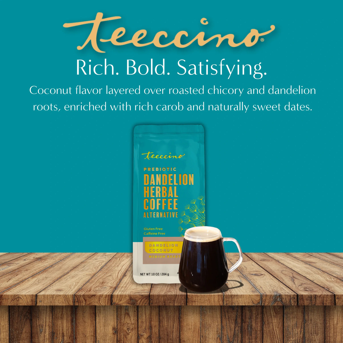 Teecino Dandelion Herbal Coffee coconut bag with glass mug