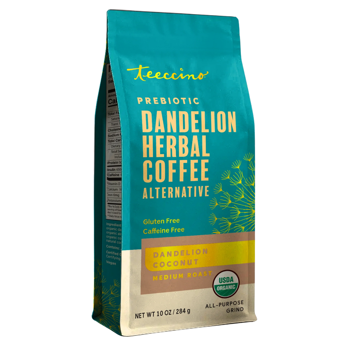 Teal dandelion herbal coffee alternative bag, medium roast, gluten-free, caffeine-free