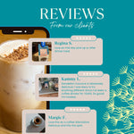 Teecino prebiotic dandelion herbal coffee alternative bag shown with customer review bubbles